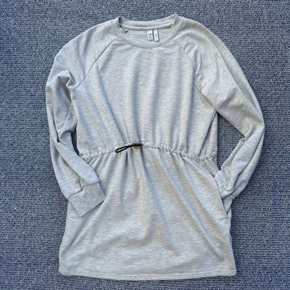Zella Light Gray Long-Sleeve Tunic Dress With Adjustable Waist Cord & Side Pocke